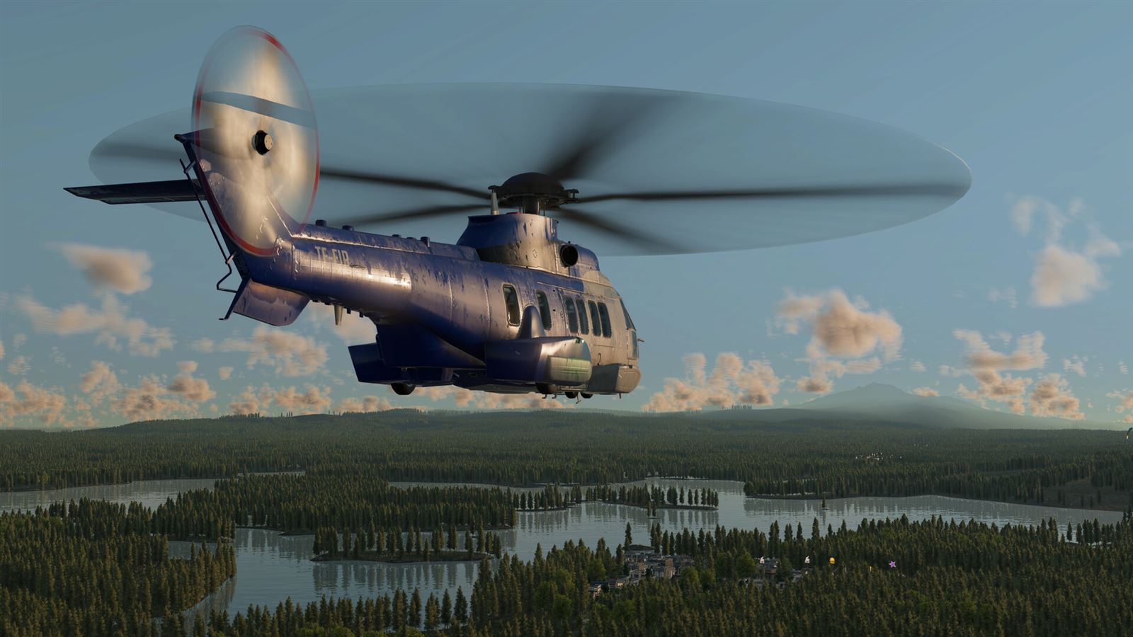 Transport Fever 3 screenshot: a helicopter flying over lakes and forest