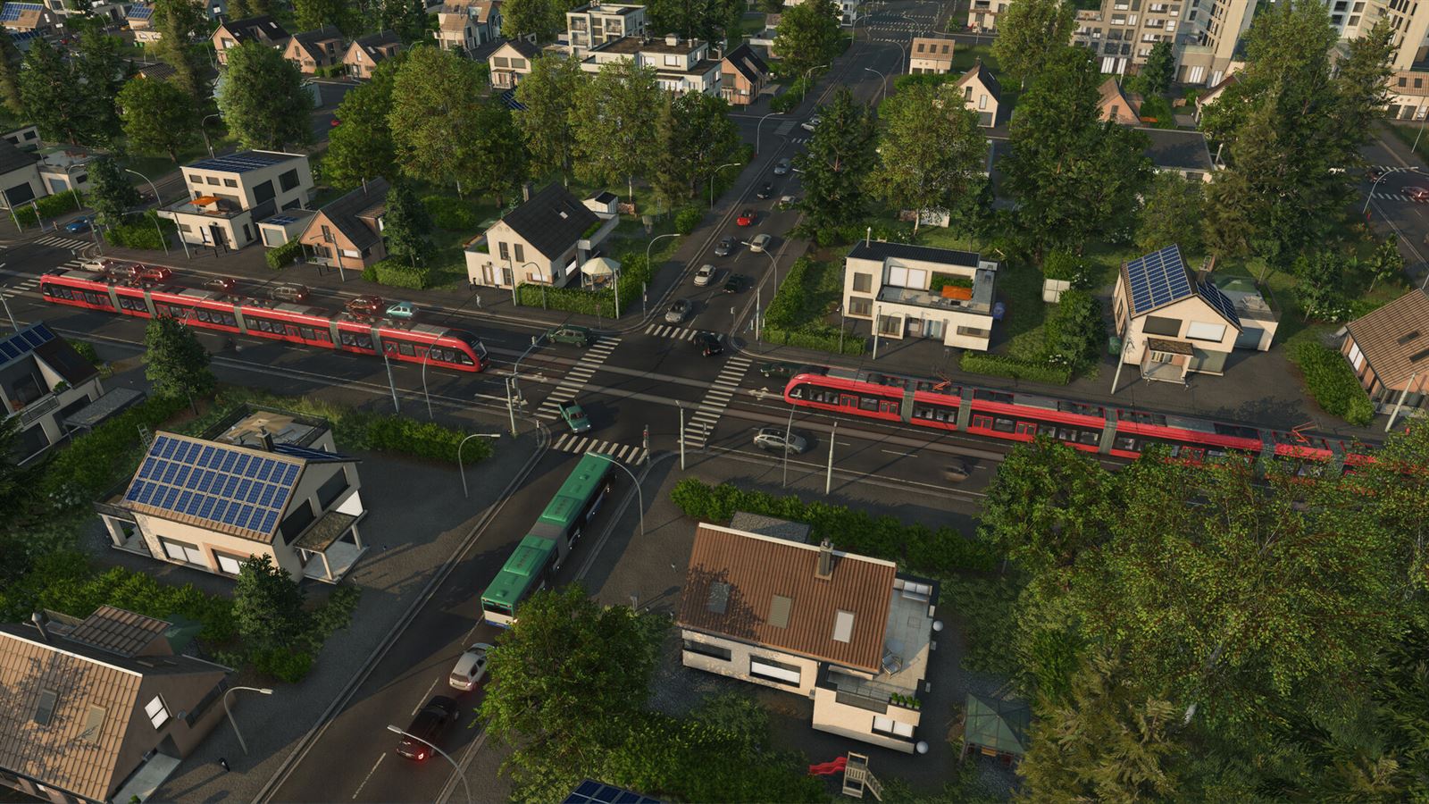 Transport Fever 3 screenshot: red trams crossing a suburban street with houses and solar panels